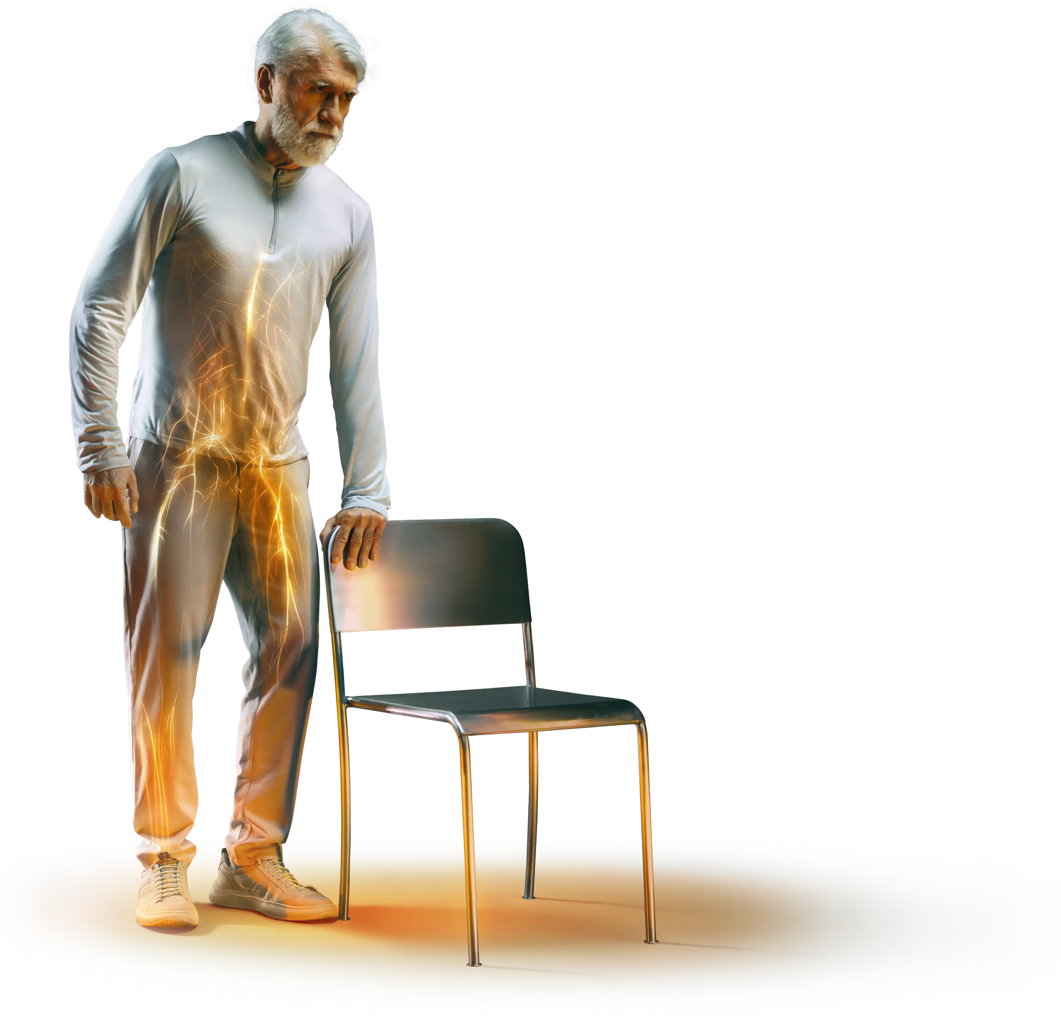 Illustration of preserved peripheral sympathetic neurons superimposed on top of an image of an older man leaning on a chair