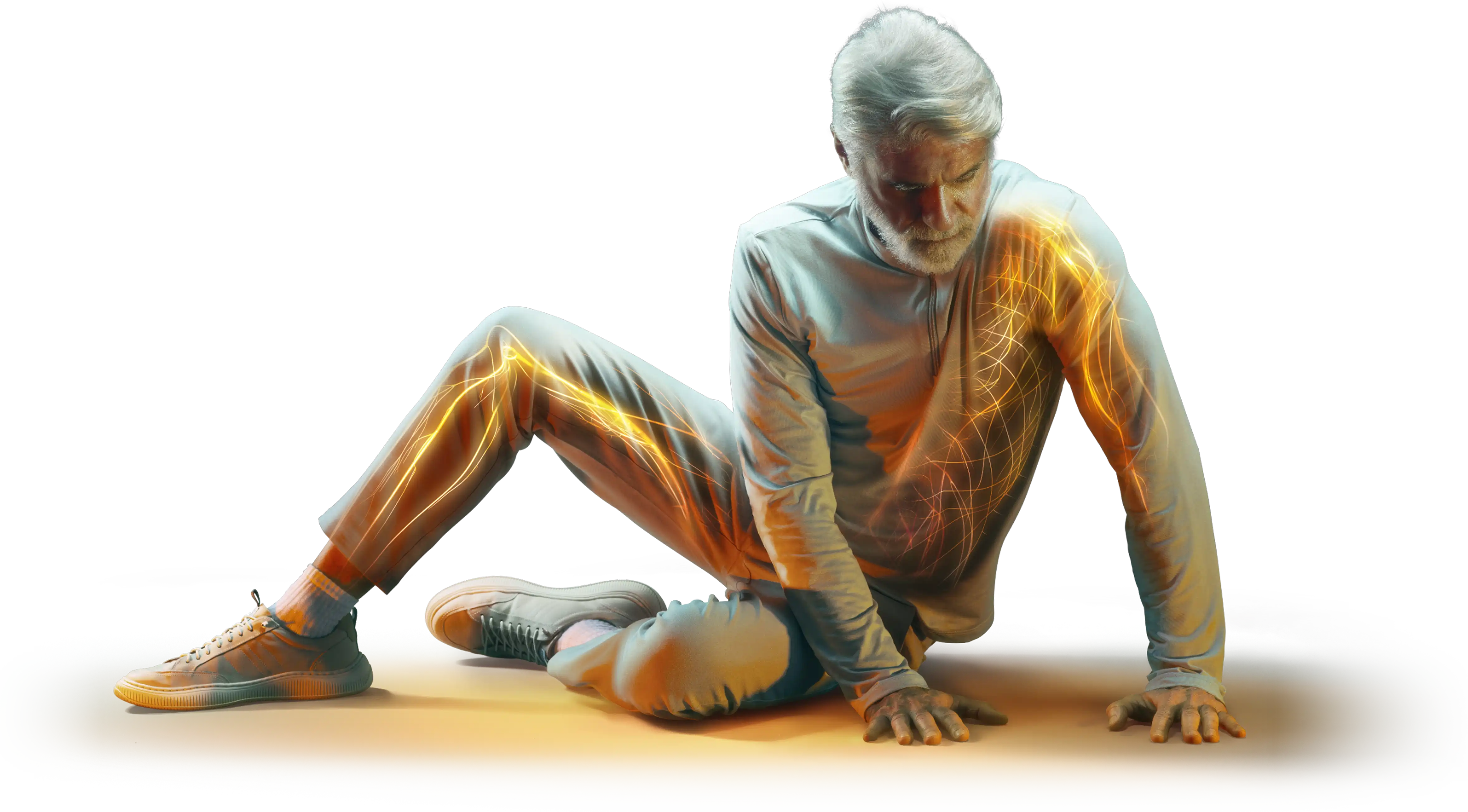 Illustration of preserved peripheral sympathetic neurons superimposed on top of an image of an older man in a seated position