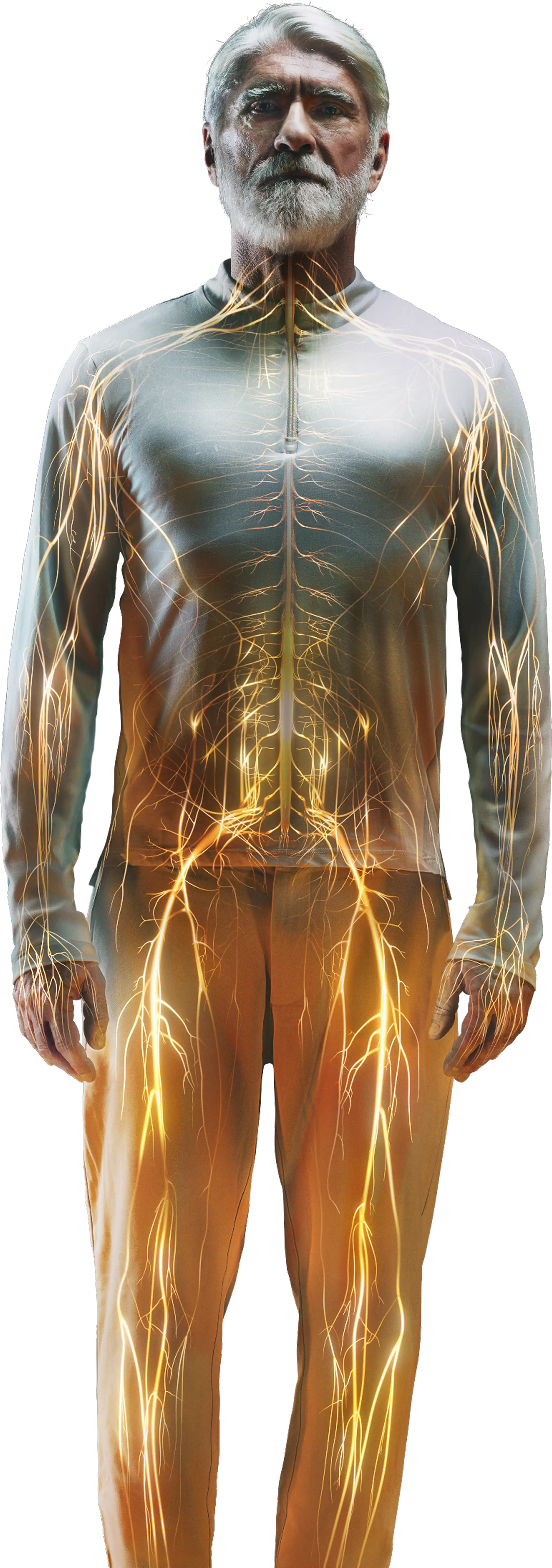 Illustration of preserved peripheral sympathetic neurons superimposed on top of an image of an older man standing